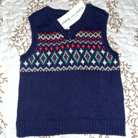 Janie and Jack Other - NWT Janie and Jack navy holiday Christmas knit printed sweater vest 3-6 months